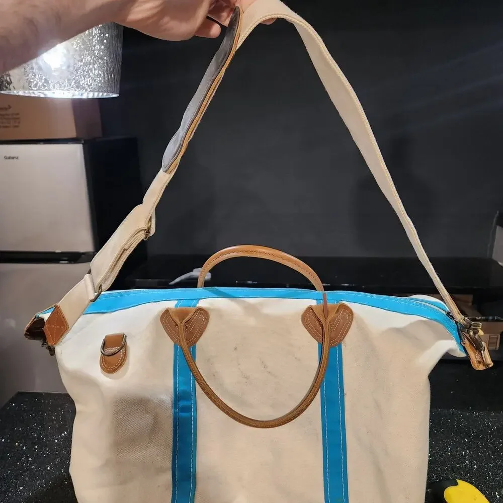 VTG LL Bean Boat & Tote Leather Handles Canvas Weekender Duffle Zip Strap Bag XL